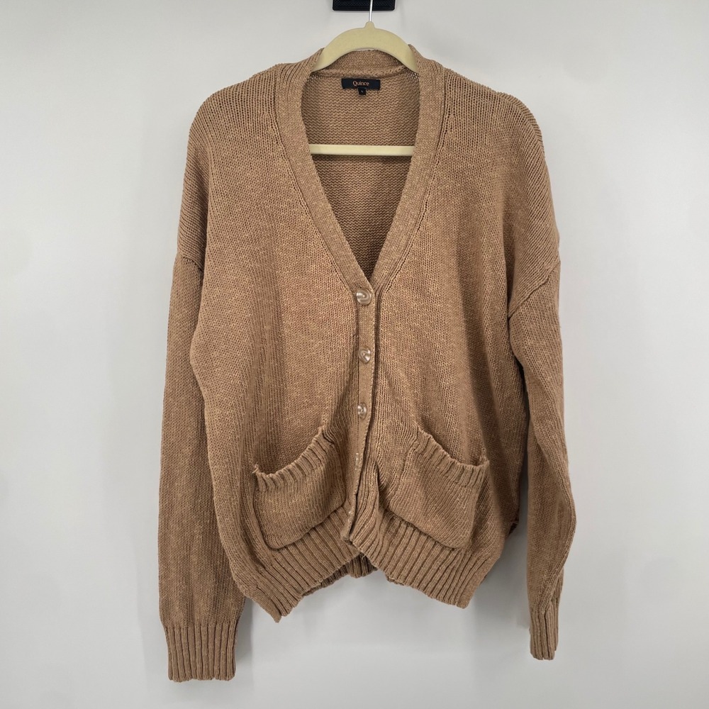 Quince Cardigan Women L Tan Organic Cotton Linen Knit Button Front V-Neck